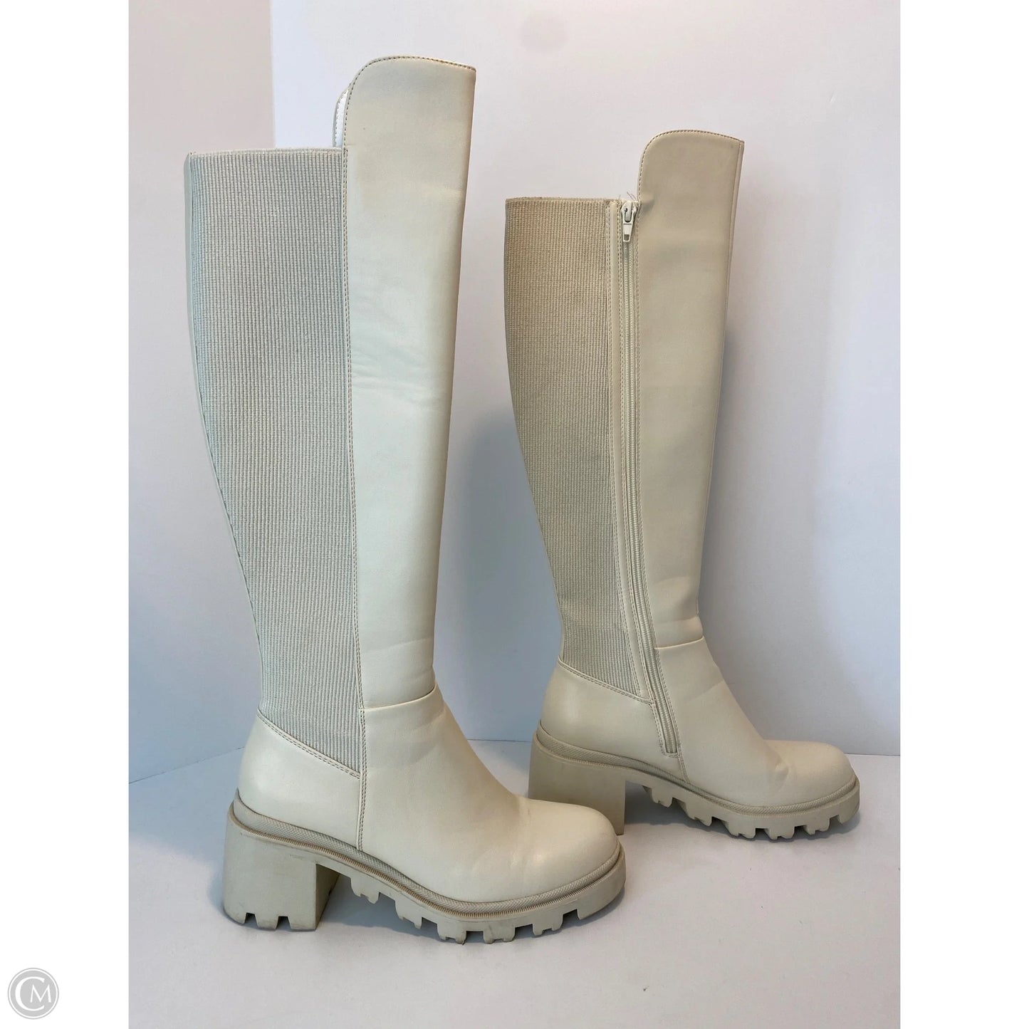 Boots Knee Heels By Clothes Mentor In Cream, Size: 7