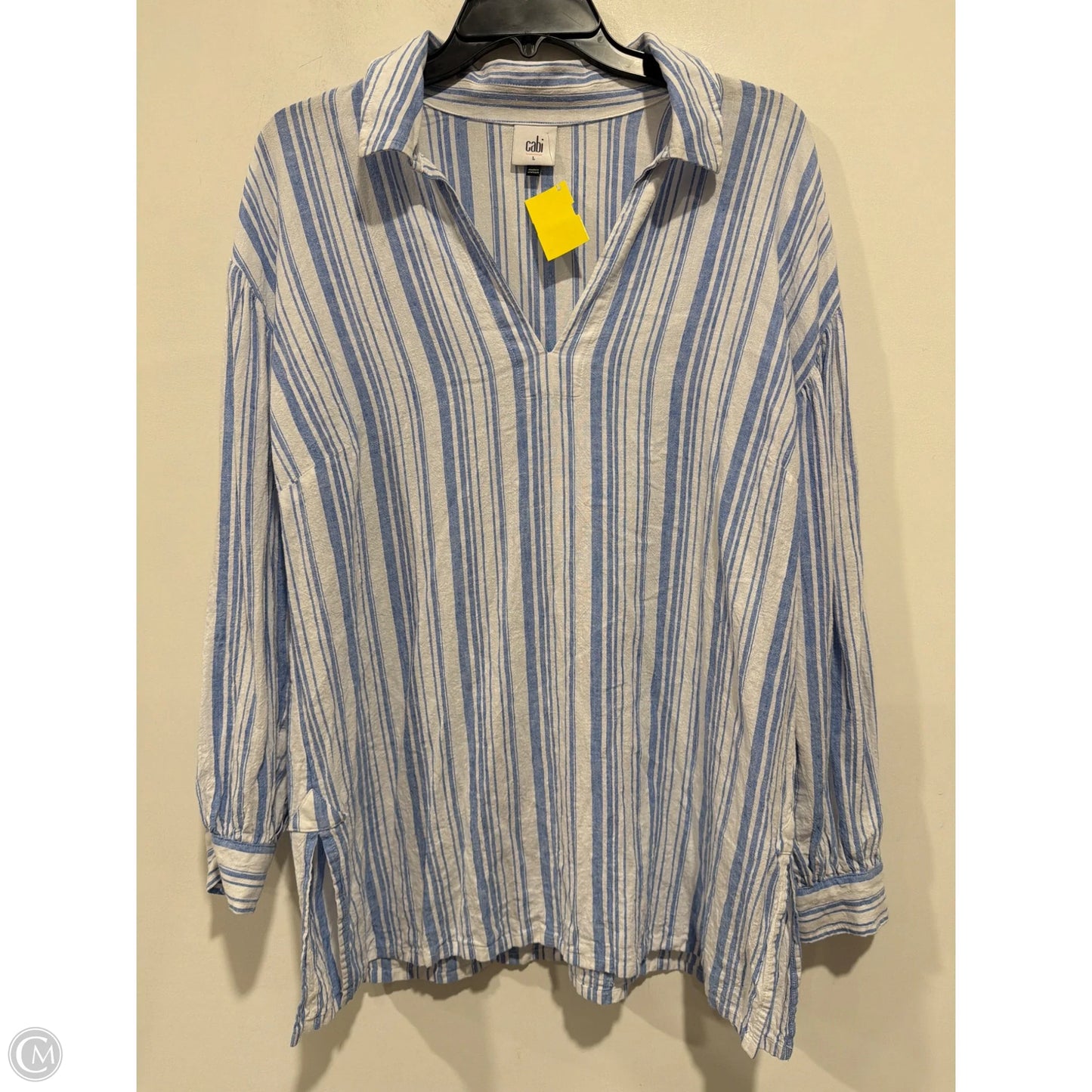 Top Long Sleeve By Cabi In Blue & White, Size: L