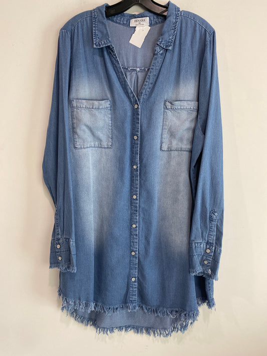 Tunic Long Sleeve By Zenana Outfitters In Blue Denim, Size: 2x